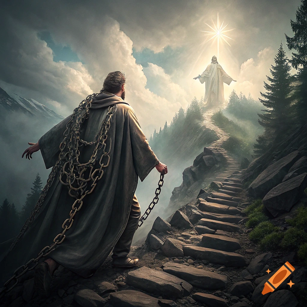 A man in a hooded robe, burdened by heavy chains, walks a rocky path up a mountain towards a glowing figure of Jesus under a dramatic sky.