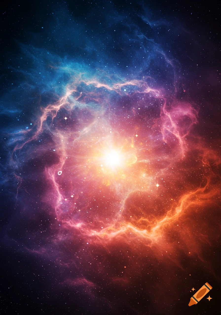 A vibrant, colorful nebula with a bright central starburst, surrounded by countless stars in the dark expanse of space.