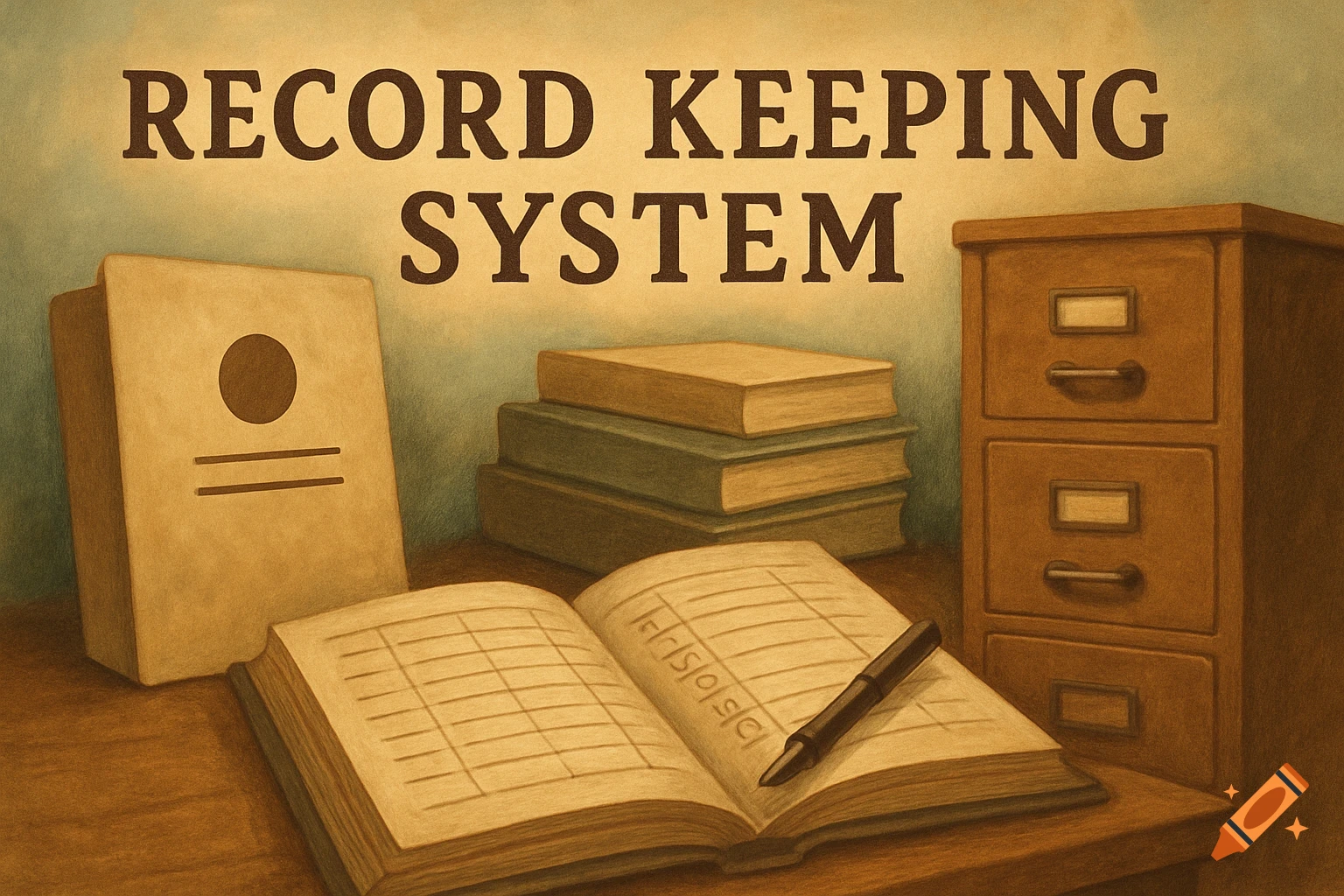 Vintage illustration of a desk with an open ledger, pen, books, file cabinet, and a banner reading 'RECORD KEEPING SYSTEM'.