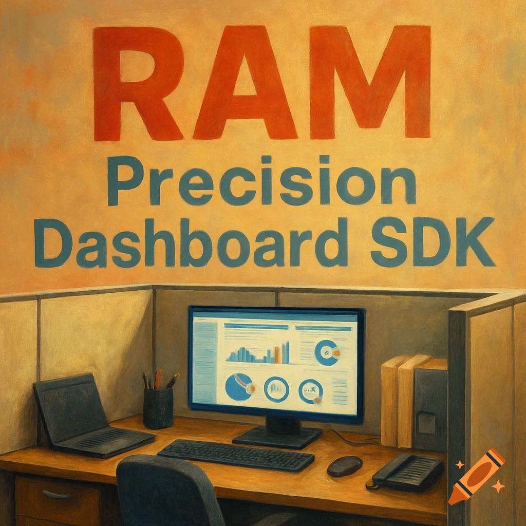 An office cubicle with a computer and laptop on a desk, beneath large text on the wall reading 'RAM Precision Dashboard SDK' in a painterly style.