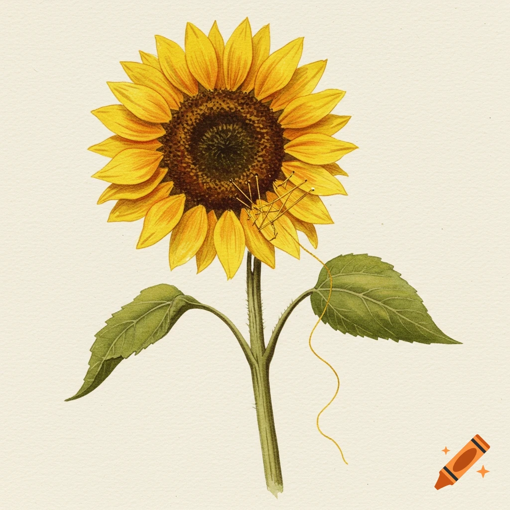 Watercolor vintage style illustration of a sunflower stitched with gold thread on a cream background.
