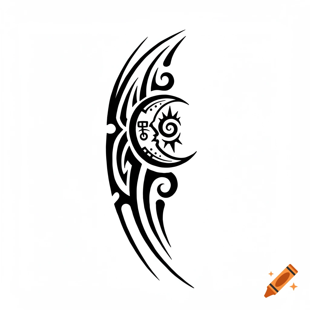 A black tribal tattoo design featuring a crescent moon and a sun, stylized with fluid lines.