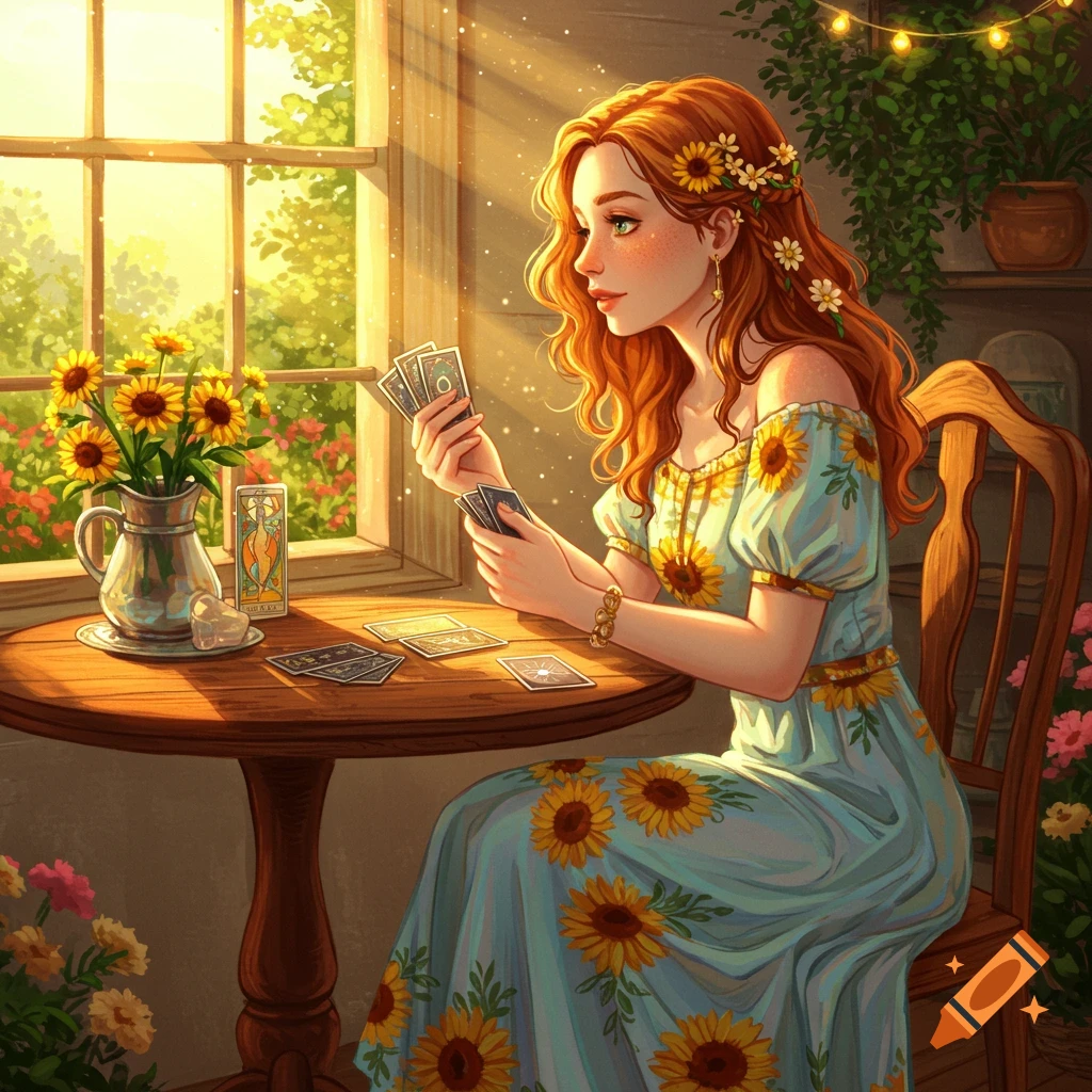 A red-haired woman in a sunflower dress sits at a table, holding tarot cards in a sunlit room filled with flowers, in a vibrant illustration style.