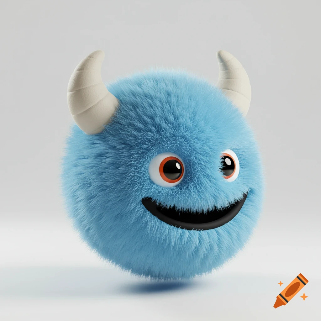 A fluffy blue cartoon monster with two horns, large eyes, and a wide black smile on a white background, rendered in 3D.
