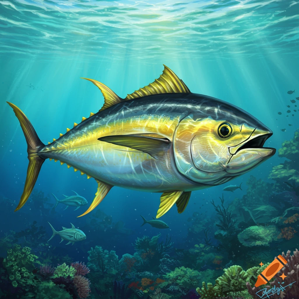 A detailed illustration of a yellowfin tuna swimming in clear blue ocean water above a vibrant coral reef.