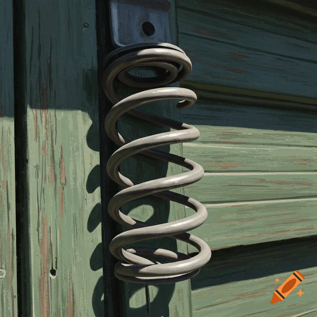 A grey coiled garage door spring is mounted on a textured green wooden wall, casting a shadow.