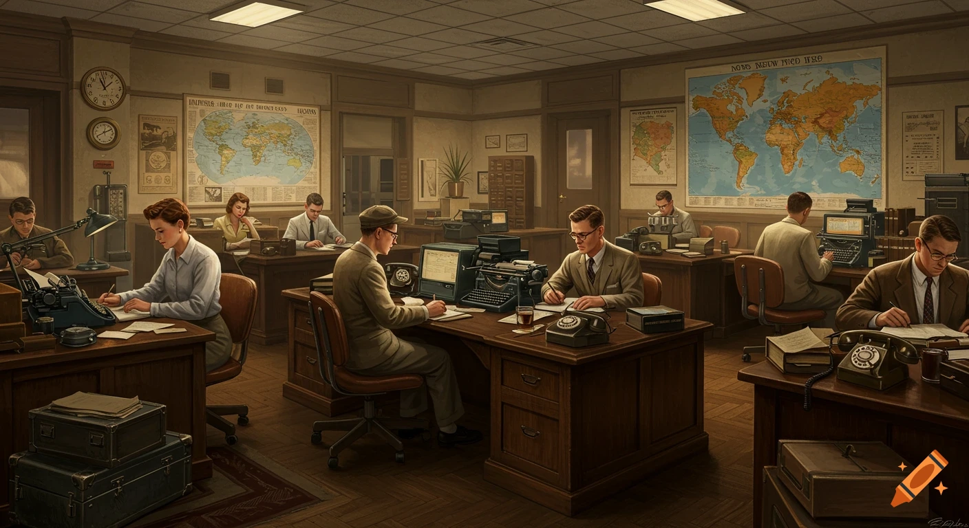A realistic wide shot of a bustling 1950s newsroom with men and women working at wooden desks, typewriters, and large world maps on the walls.