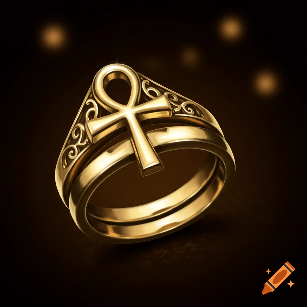 A detailed golden ankh engagement ring and wedding band set on a dark background.