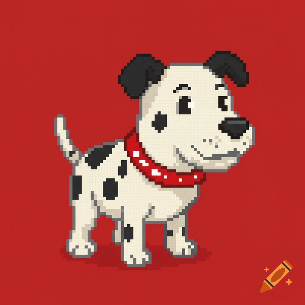 Pixel art depiction of a white dog with black spots and a red collar on a solid red background.