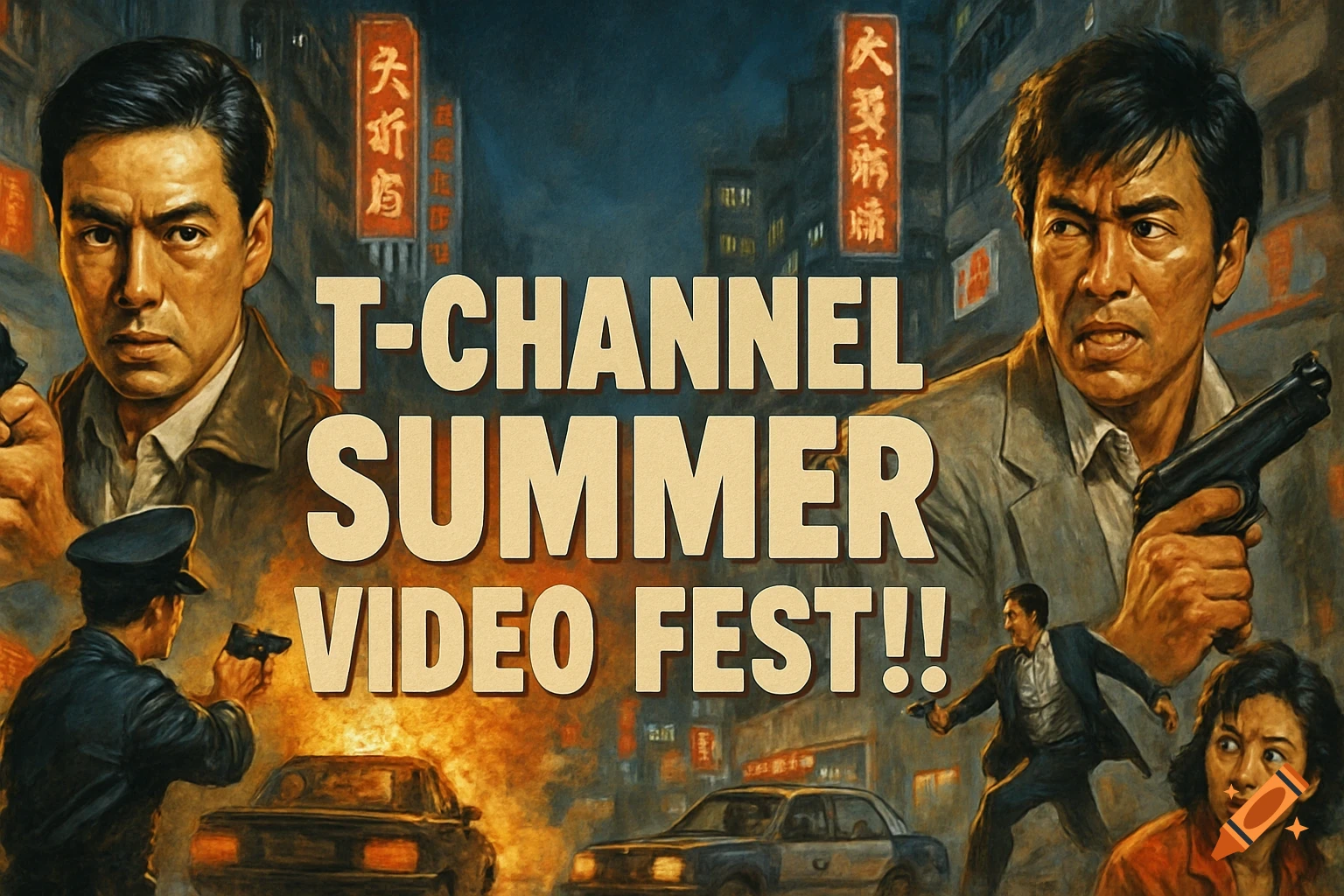 An 80s-90s Hong Kong action movie poster with characters holding guns, burning cars, and city background. Text reads "T-CHANNEL SUMMER VIDEO FEST!!"