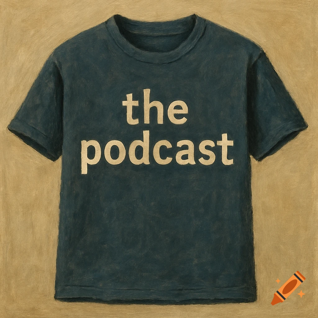 A dark teal t-shirt with the words 'the podcast' printed in white on the front, rendered in a painterly style.