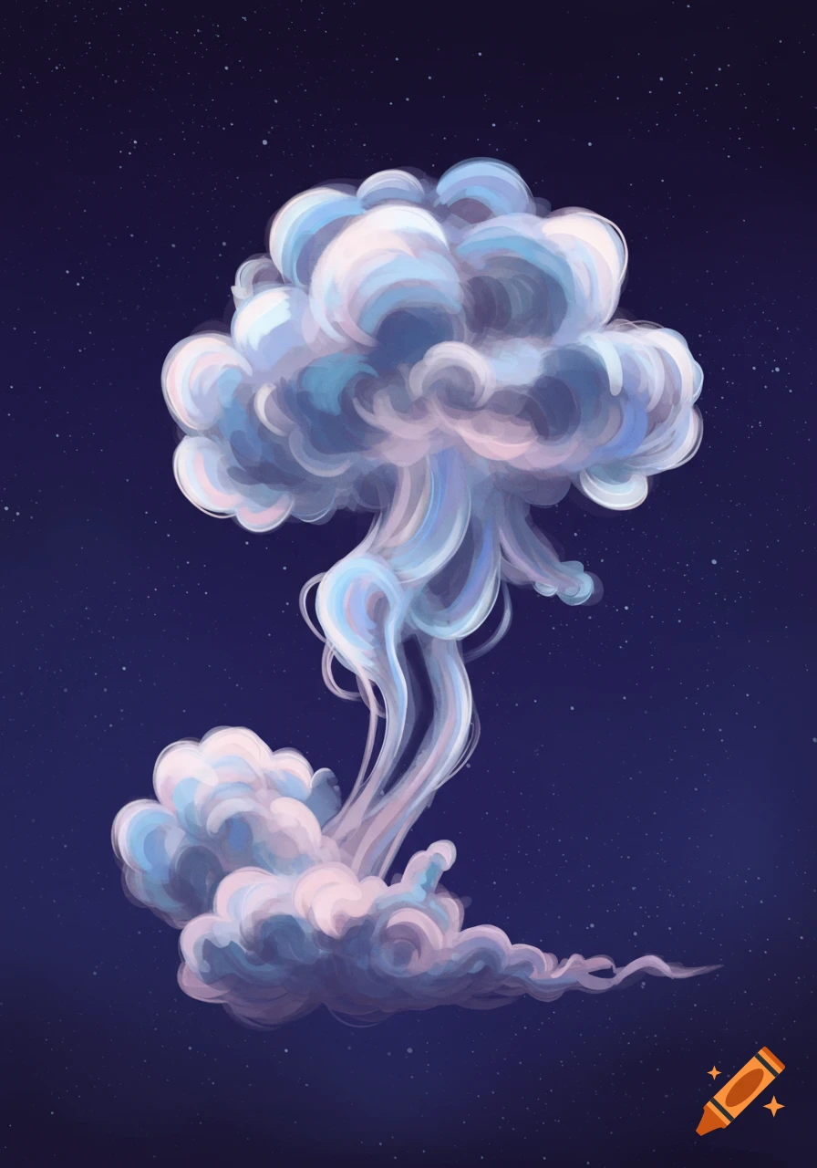 A stylized illustration of a wispy, mushroom-shaped cloud in shades of blue, white, and pink against a dark blue starry sky.
