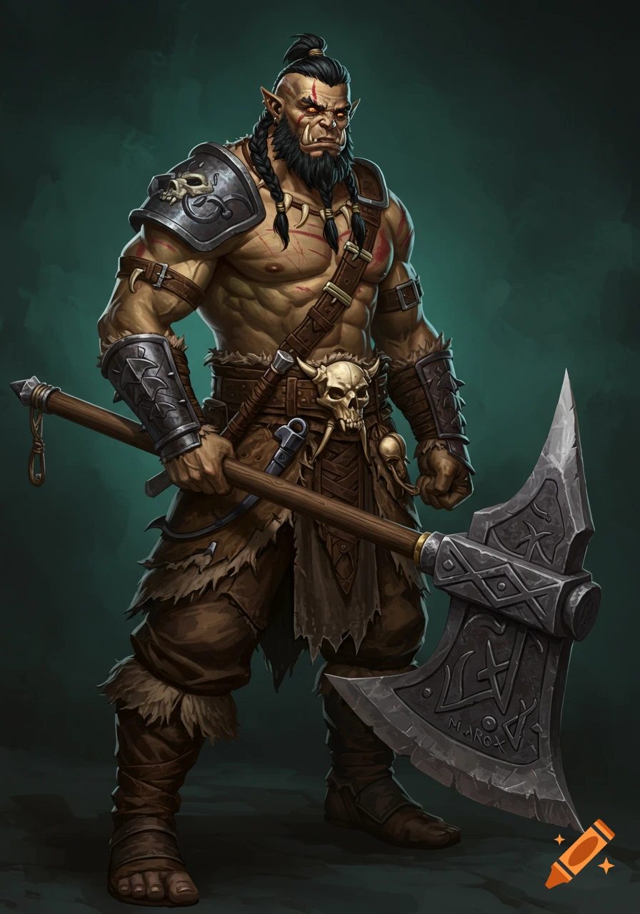 A full-body illustration of a muscular Dungeons & Dragons half-orc barbarian holding a large greataxe, with orange eyes and a stern expression.