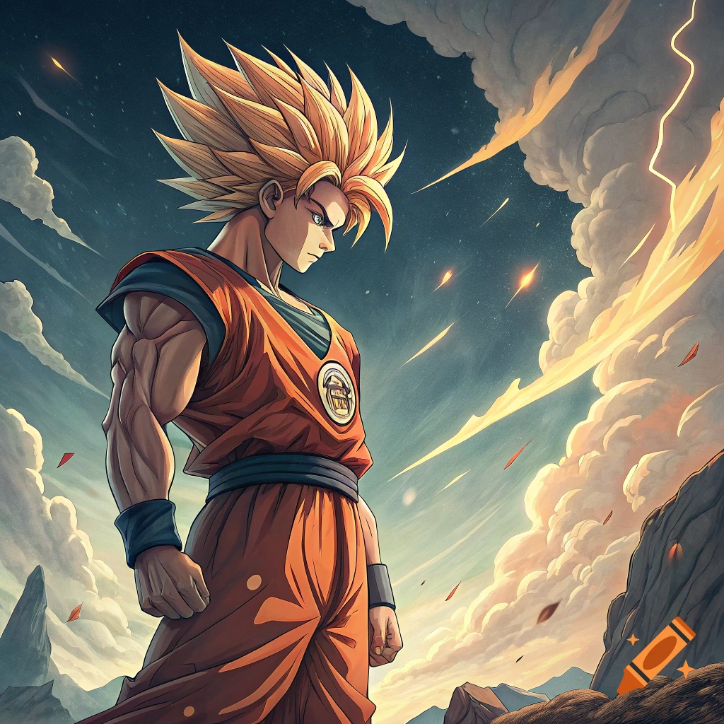 An anime character in Dragon Ball Z style with spiky blonde hair and an orange gi stands in a desolate landscape under a dramatic sky.
