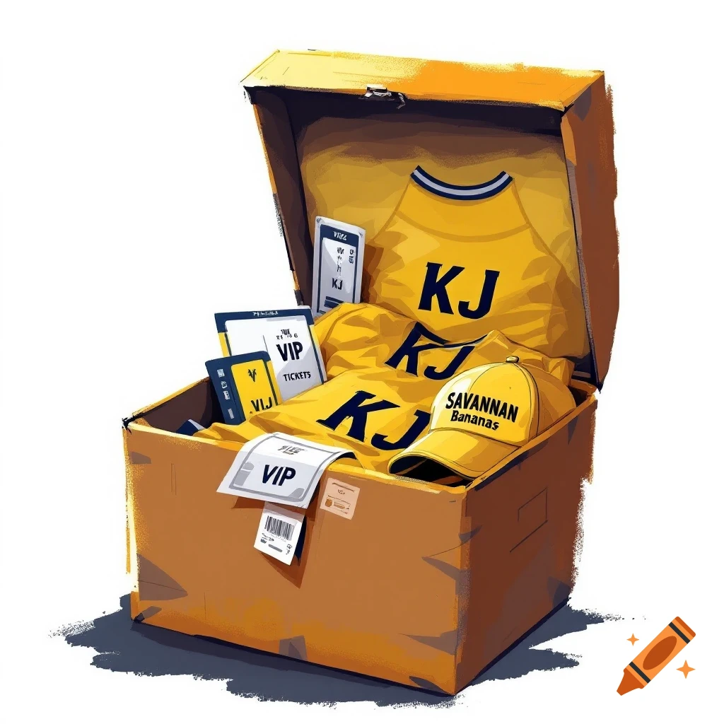 An open gift box filled with yellow jerseys with 'KJ' written on them, 'VIP' tickets, and a yellow 'Savannan Bananas' baseball cap.