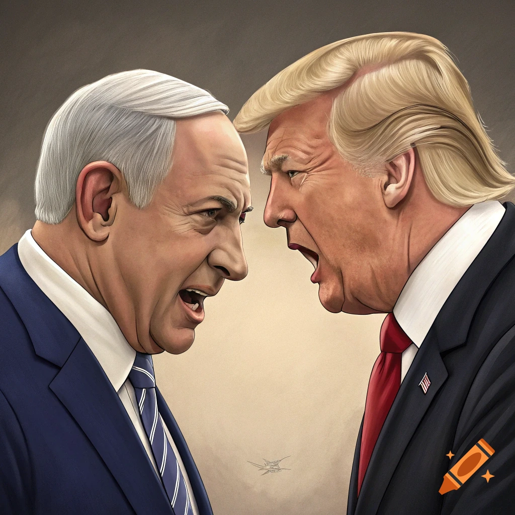 Stylized portrait of Benjamin Netanyahu and Donald Trump shouting at each other face-to-face.