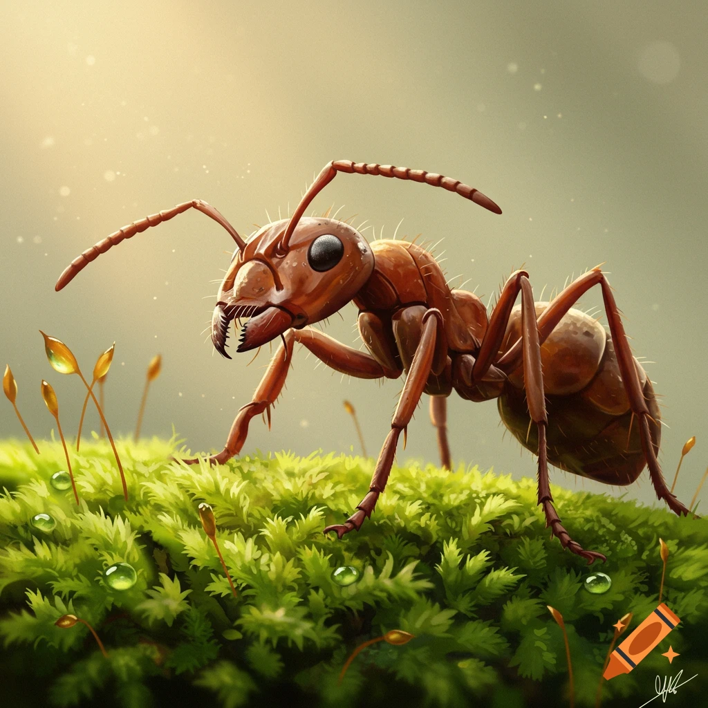 A detailed close-up of a brown ant with black eyes standing on vibrant green moss covered in water droplets.