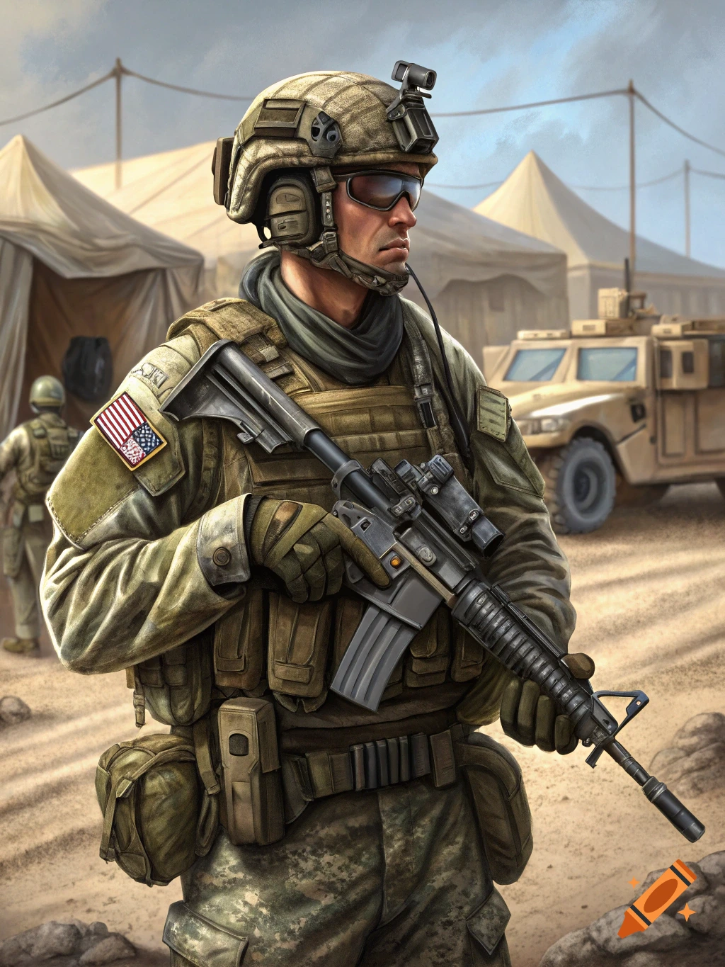 A soldier in full military gear, holding a rifle, stands in a desert camp with tents and a military vehicle.