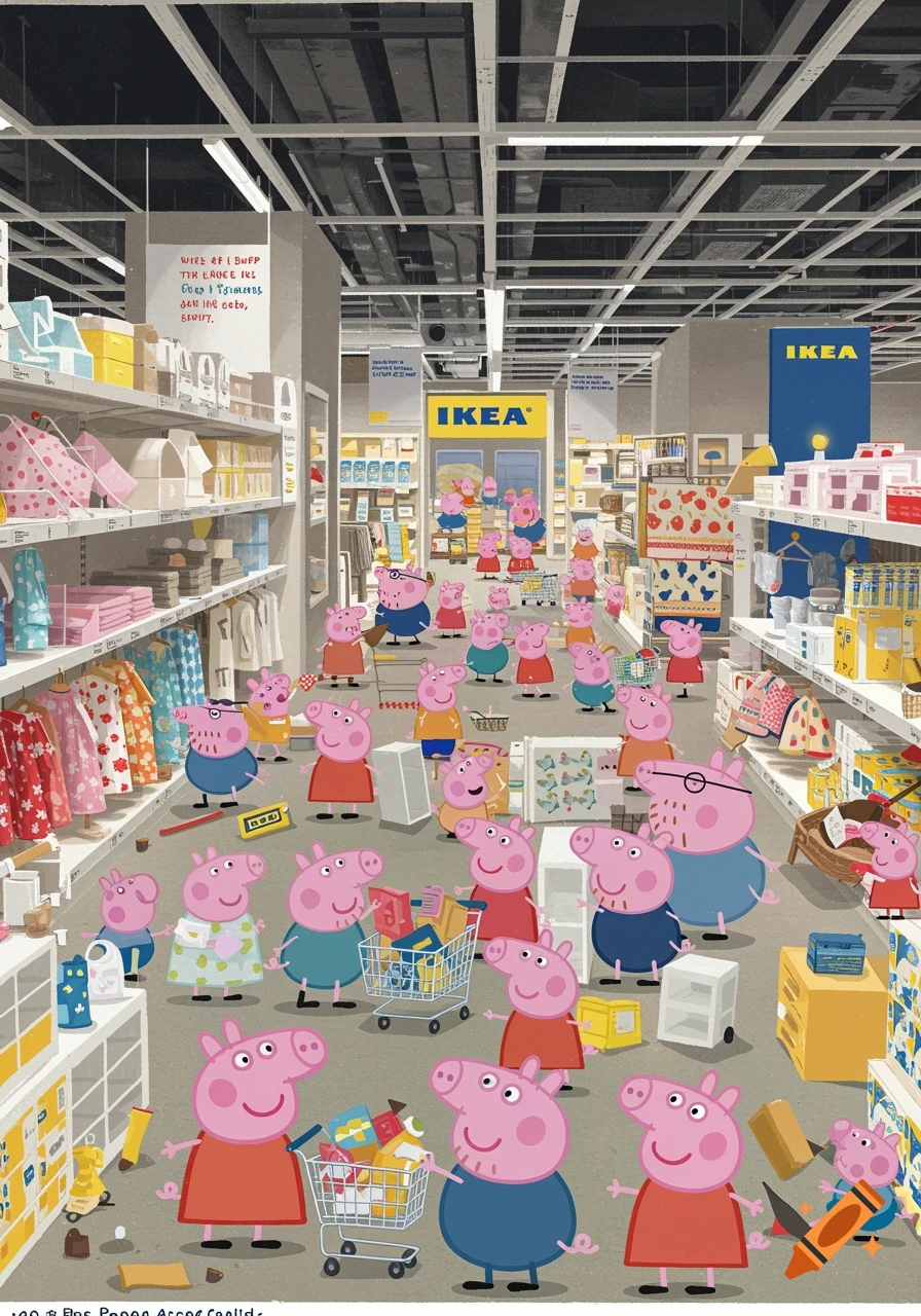 An animated image featuring many Peppa Pig characters inside a busy IKEA store, with several pushing shopping carts and browsing shelves.