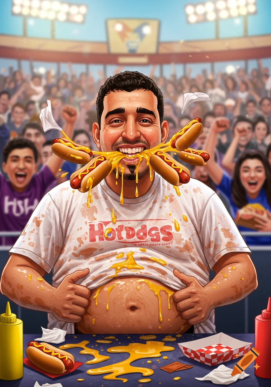 A man covered in mustard and hotdogs smiles, winning an eating competition in a stadium, cartoon style.