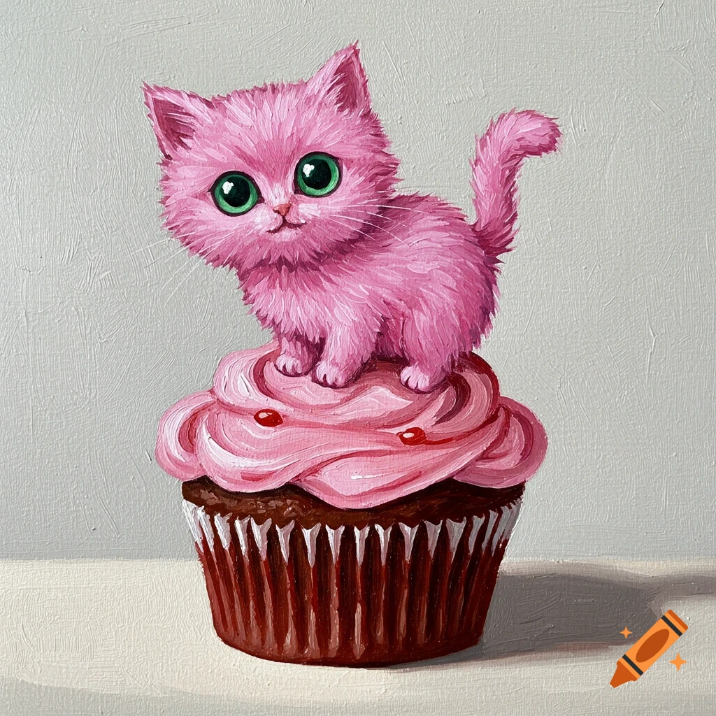 A vibrant oil painting of a fluffy pink kitten with large green eyes sitting on a pink-frosted strawberry cupcake.
