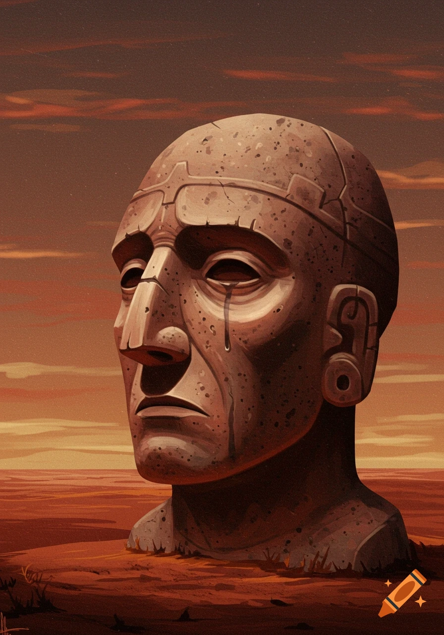 A large, ancient stone head with a tear on its cheek, half-buried in a reddish desert landscape under a cloudy, orange sky.