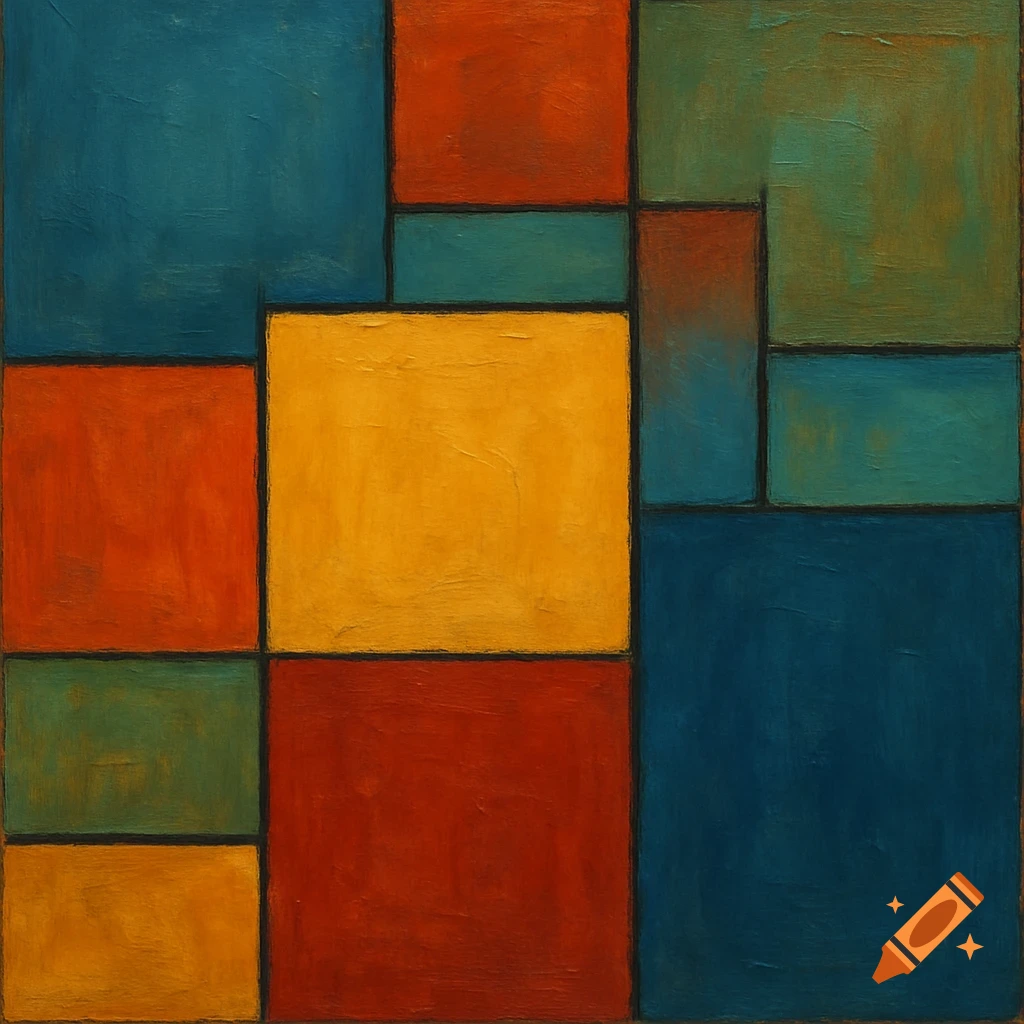An abstract painting featuring a grid of teal, orange, red, and yellow rectangles with visible brushstrokes.