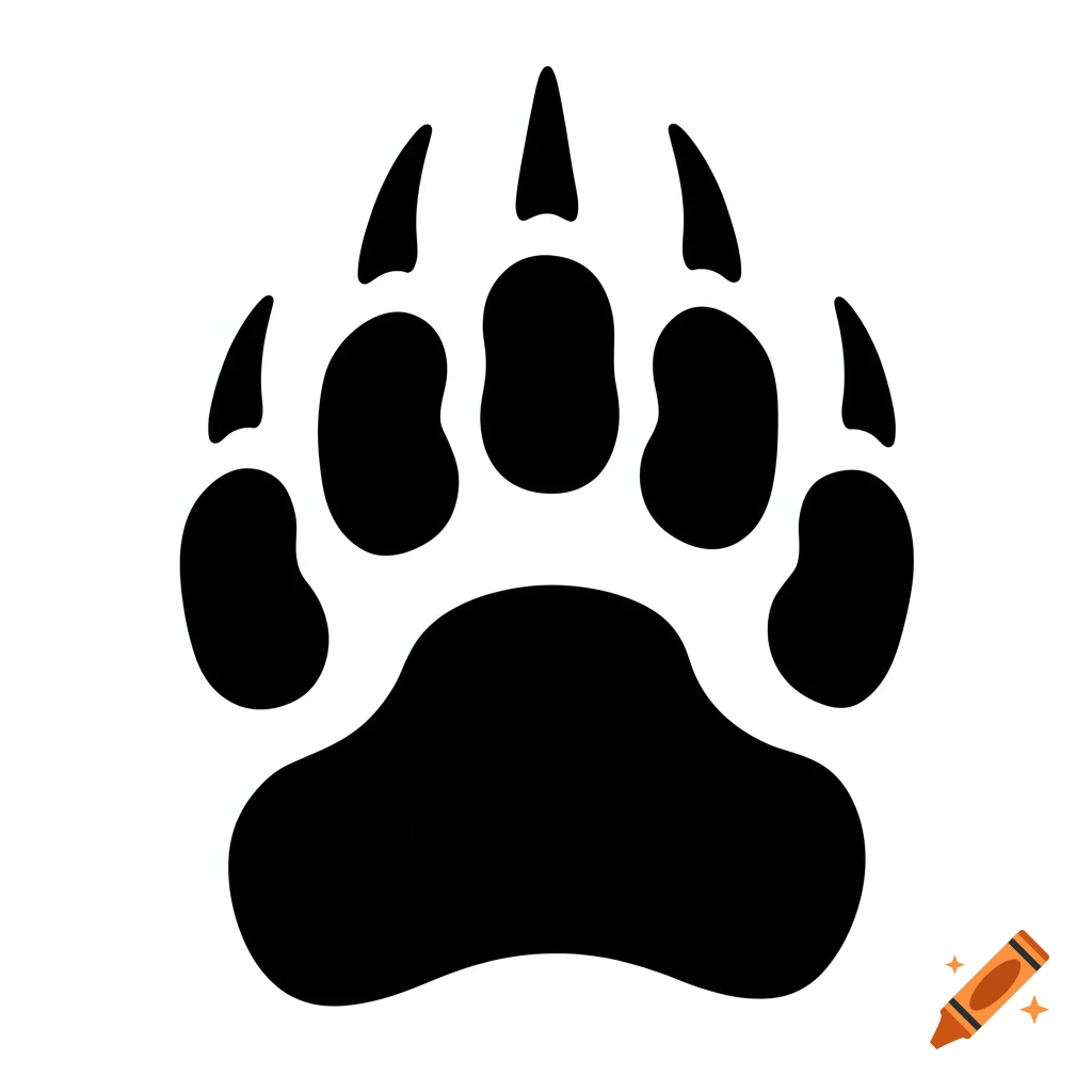A black silhouette of a grizzly bear paw print, like a stencil, on a white background.