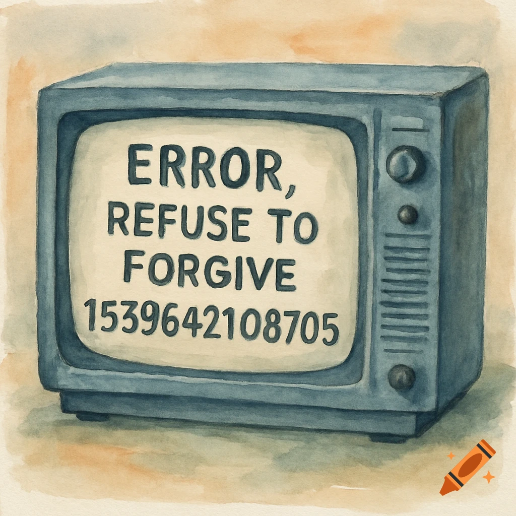 A watercolor painting of an old blue box television set displaying the text 'ERROR, REFUSE TO FORGIVE' followed by a long number.