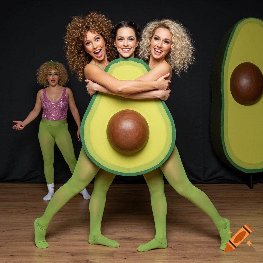 Four women in costumes pose against a dark background, two sharing an avocado costume with green tights, and one in a pink sequin top.