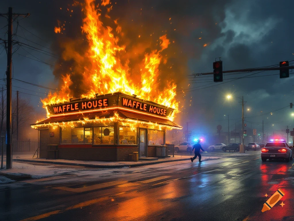 Photorealistic image of a Waffle House restaurant engulfed in large flames, with police cars and a person on a wet street at dusk.
