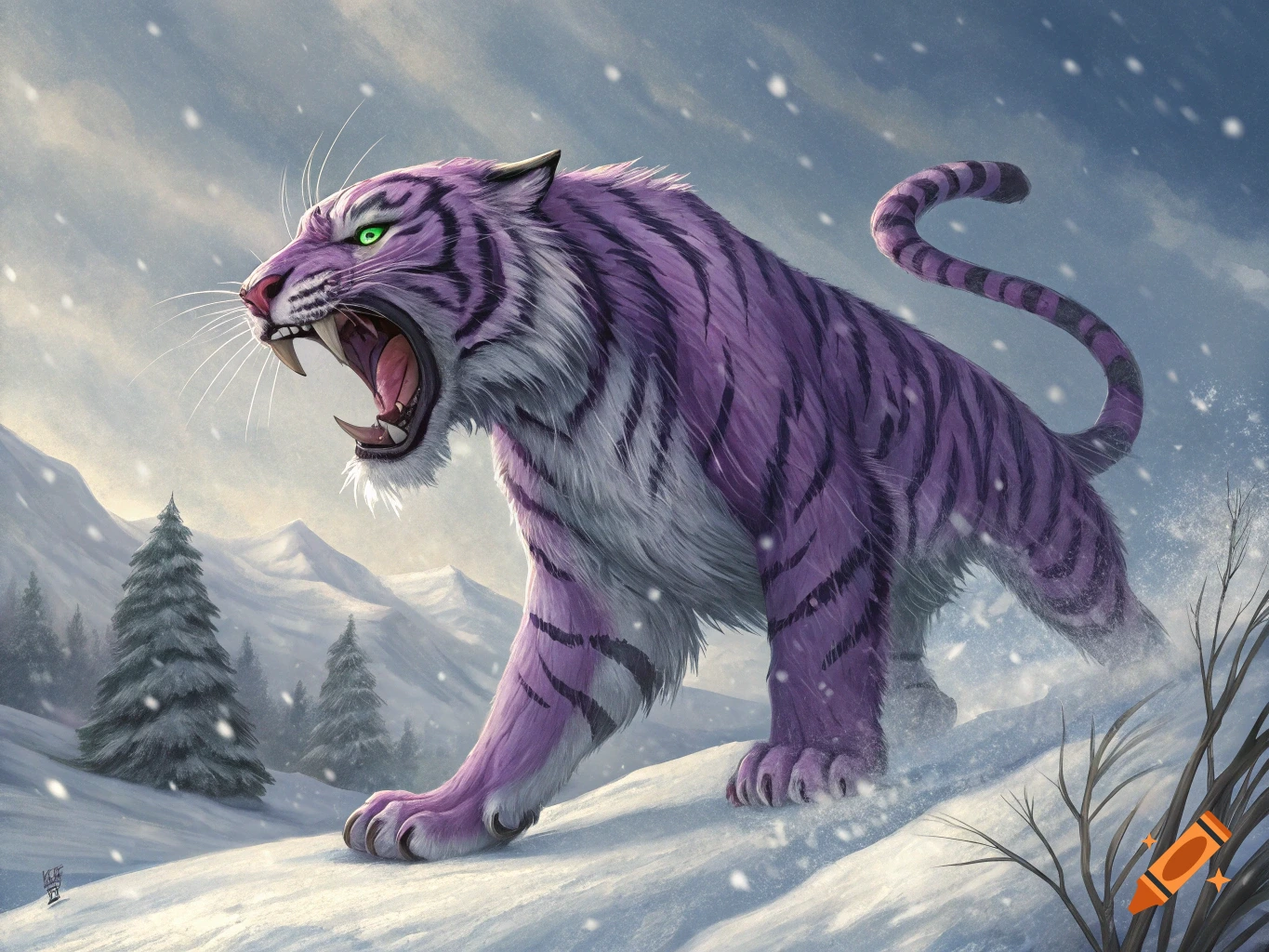 A hyper-realistic digital painting of a purple tiger with green eyes and fangs, arched in an attack pose in a snowy mountain landscape.