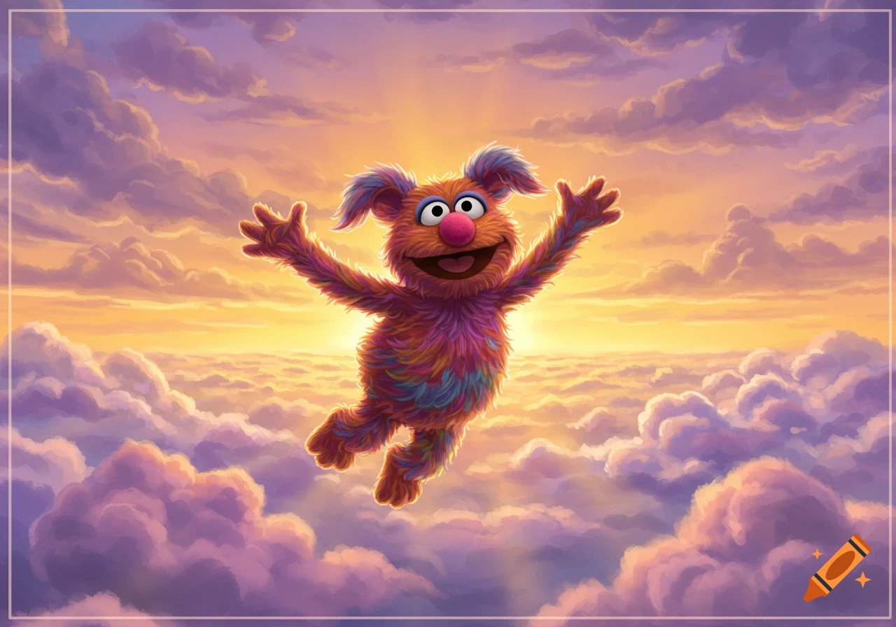 A colorful, fuzzy, muppet-like creature with big eyes and a wide smile joyfully floats in a vibrant sky filled with orange and purple clouds during sunrise.