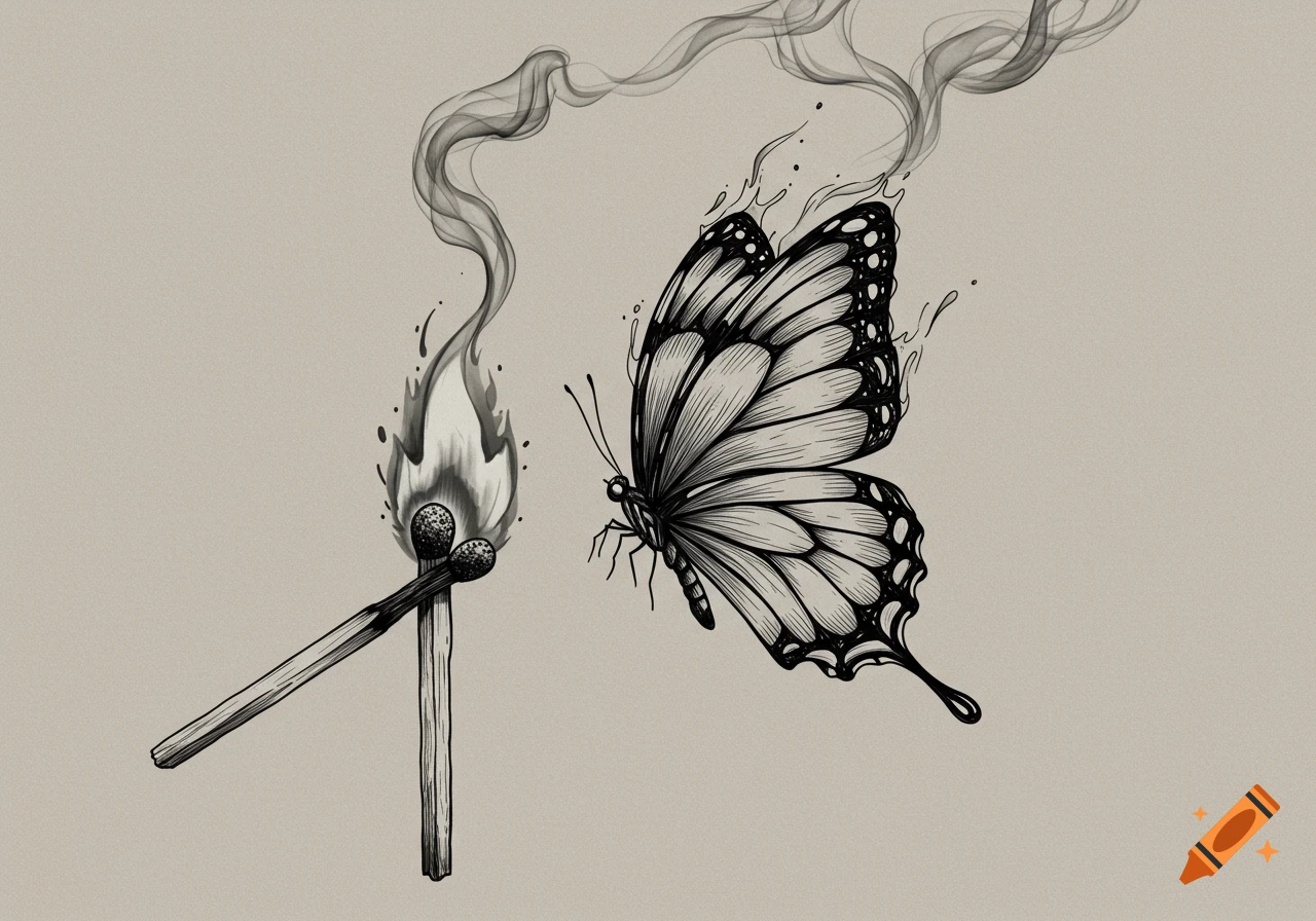 A black and white drawing of a lit match with smoke transforming into a butterfly.