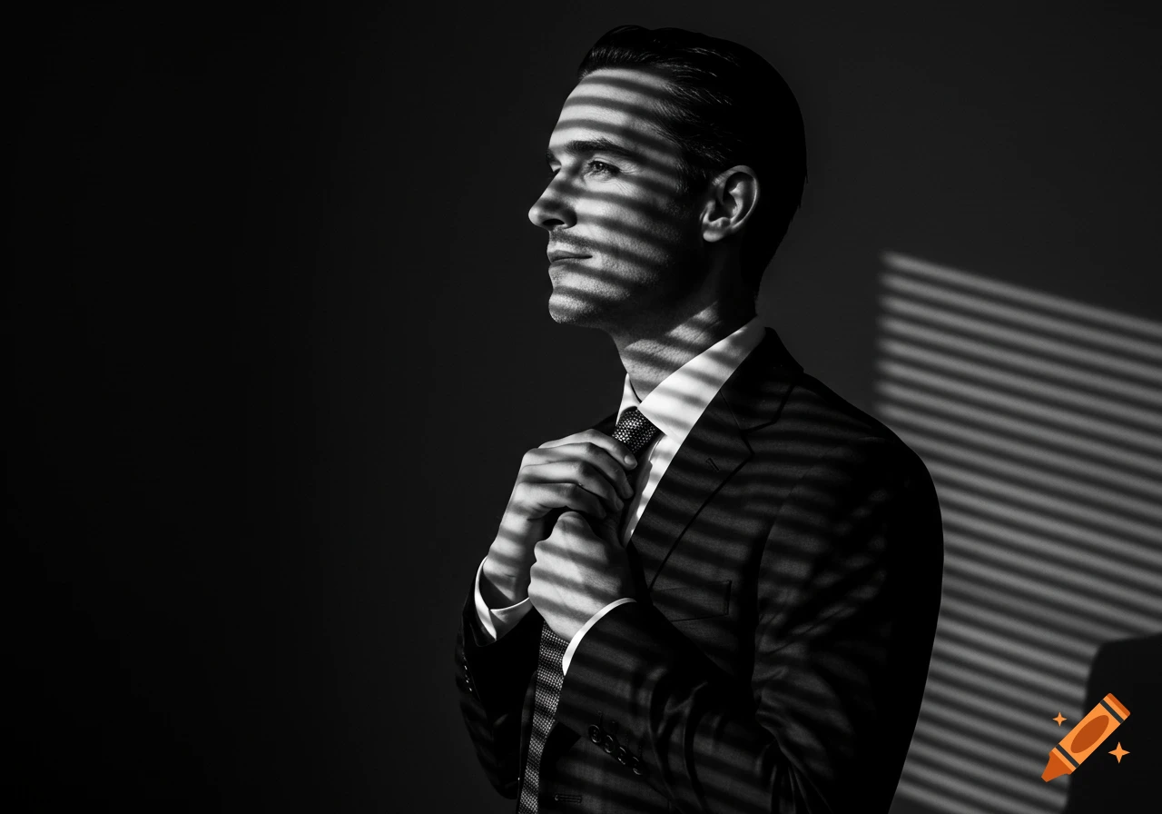 Black and white portrait of a man in a suit adjusting his tie, with horizontal shadows cast across his face and body.