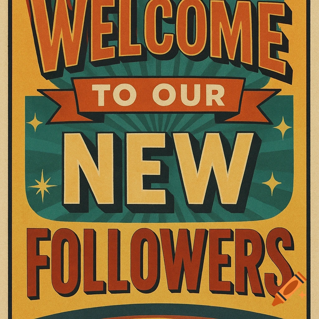 A retro-style poster with bold text that reads 'Welcome to Our New Followers' in orange and yellow on a teal and tan background.