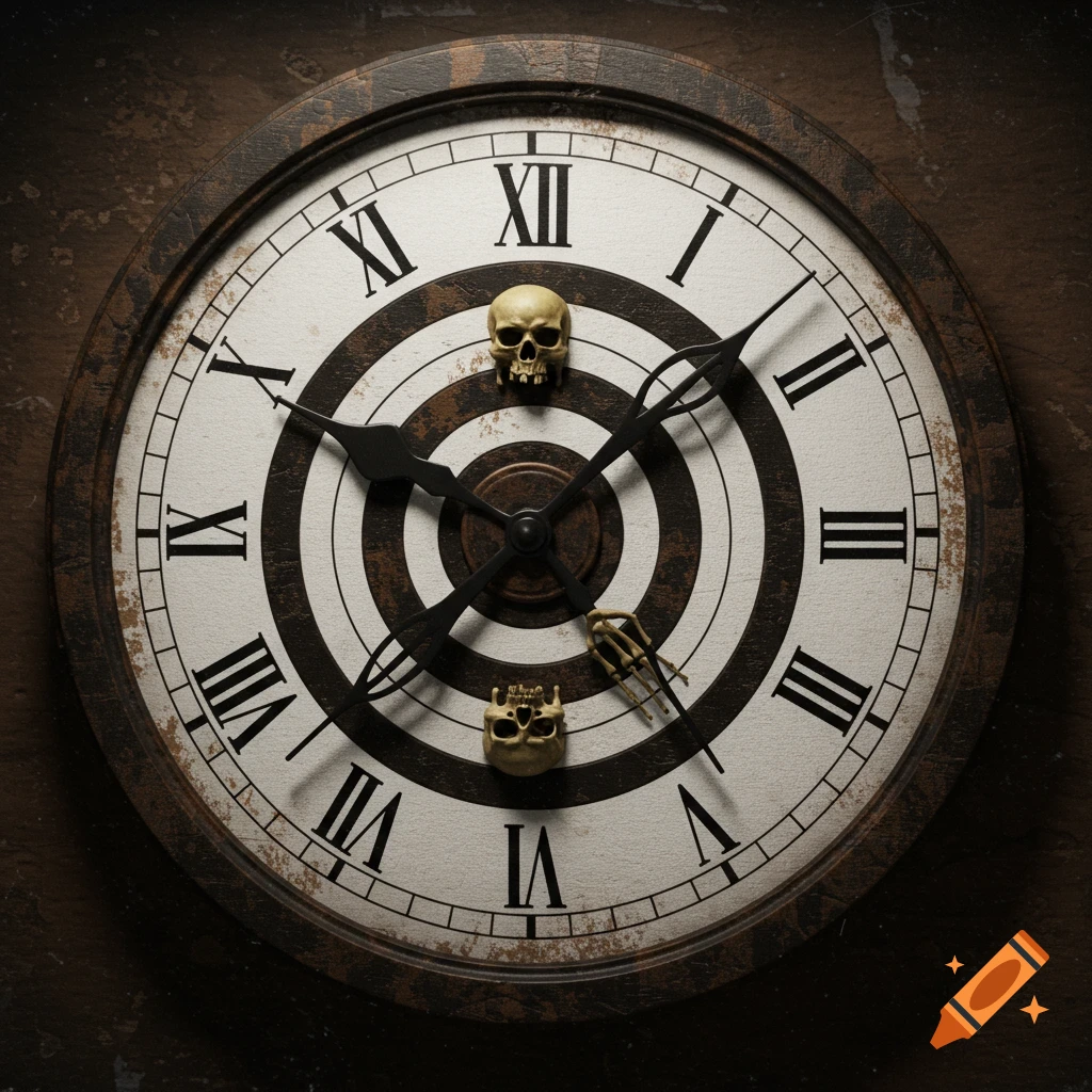 A vintage-style clock with Roman numerals, a bullseye pattern, and decorative human skulls and a skeletal hand on its face.