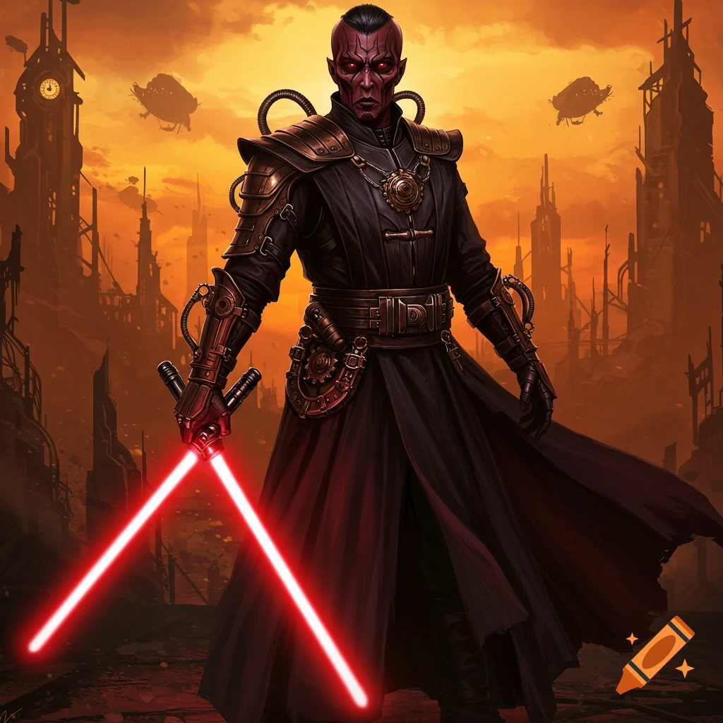 A steampunk-inspired Sith Lord with red lightsabers stands in a ruined city under an orange sky.