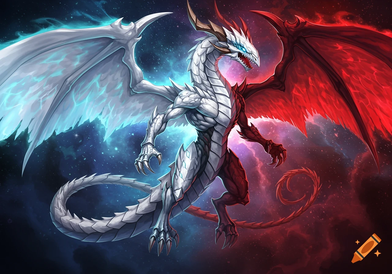 A split-colored dragon, half white-blue with glowing accents and a blue nebula background, half red-black with red accents and a red nebula background.