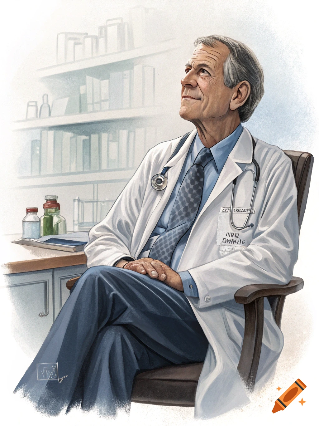 An elderly male doctor with a stethoscope sits in a chair, looking up, in an illustrative style. He wears a white lab coat.