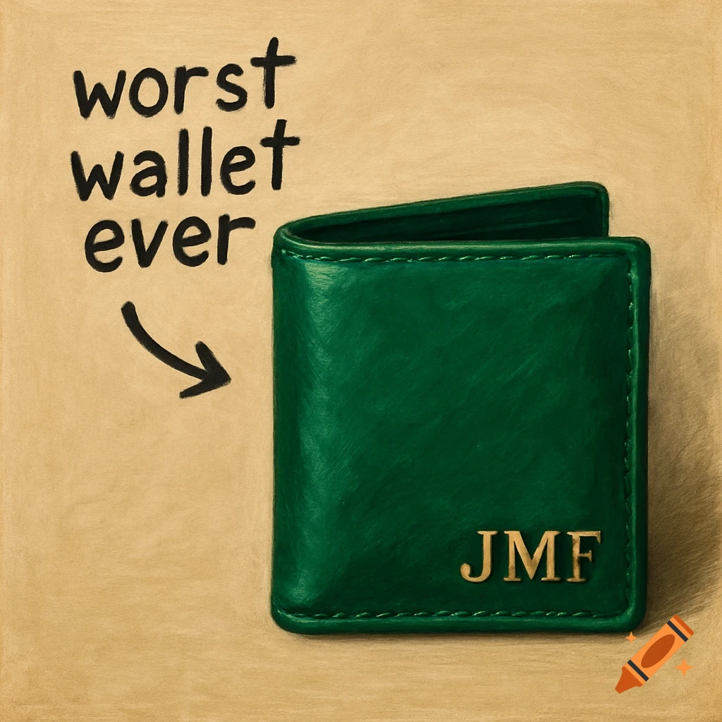 A green wallet with gold initials 'JMF' on a beige background, with the text 'worst wallet ever' and an arrow pointing to it.