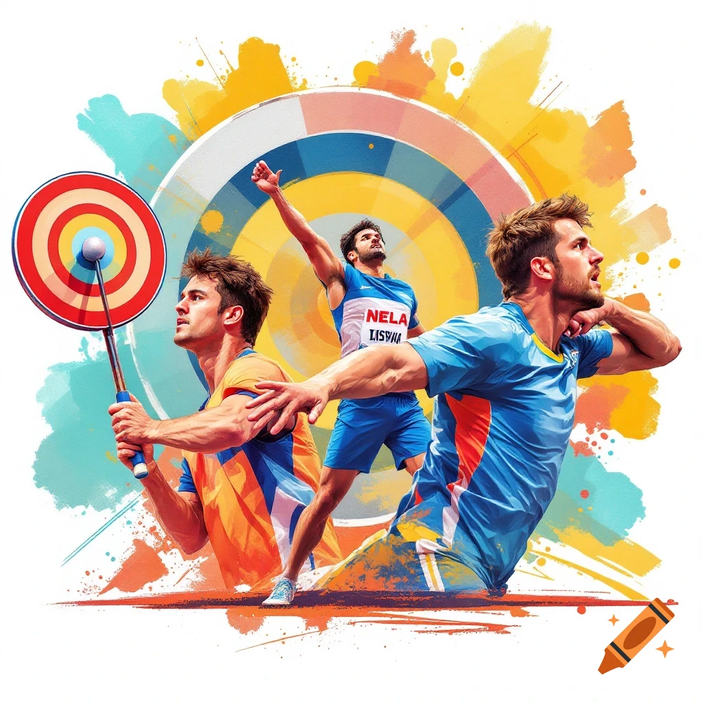 A graphic illustration of three male athletes in throwing poses, with a target and paint splashes in the background.