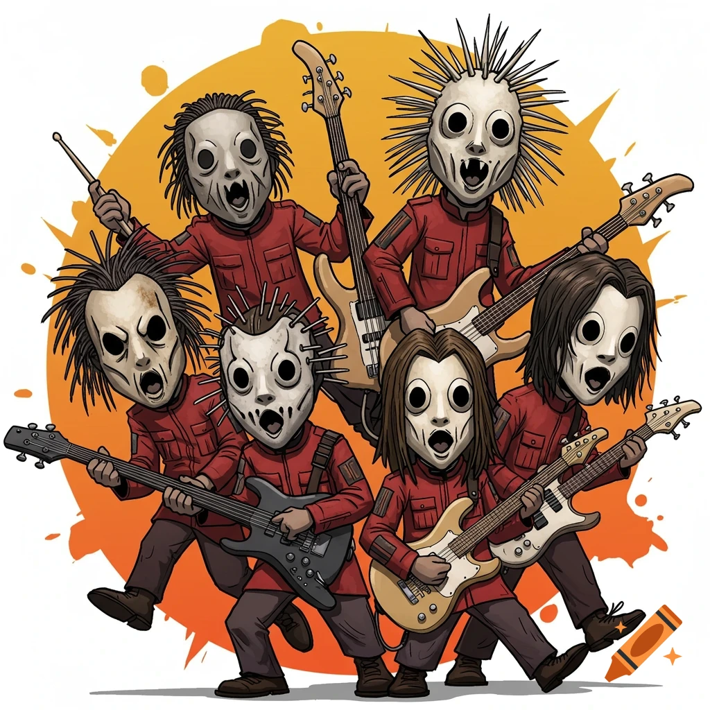 Cartoon version of the band Slipknot, with members in masks playing guitars and drums against an orange splash background.