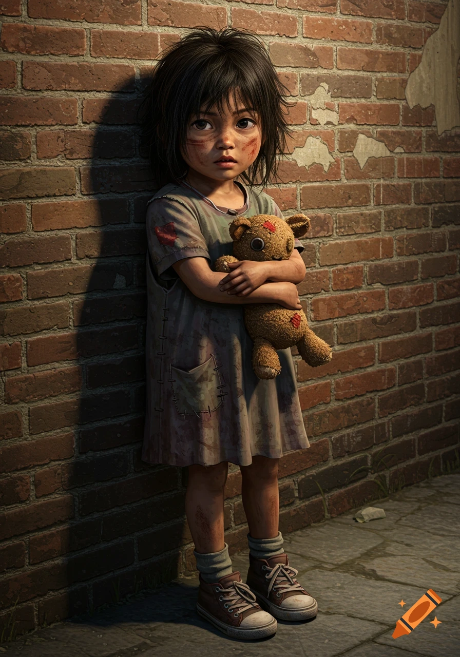 A somber young girl with a dirty face and patched clothes stands against a brick wall, hugging a teddy bear.