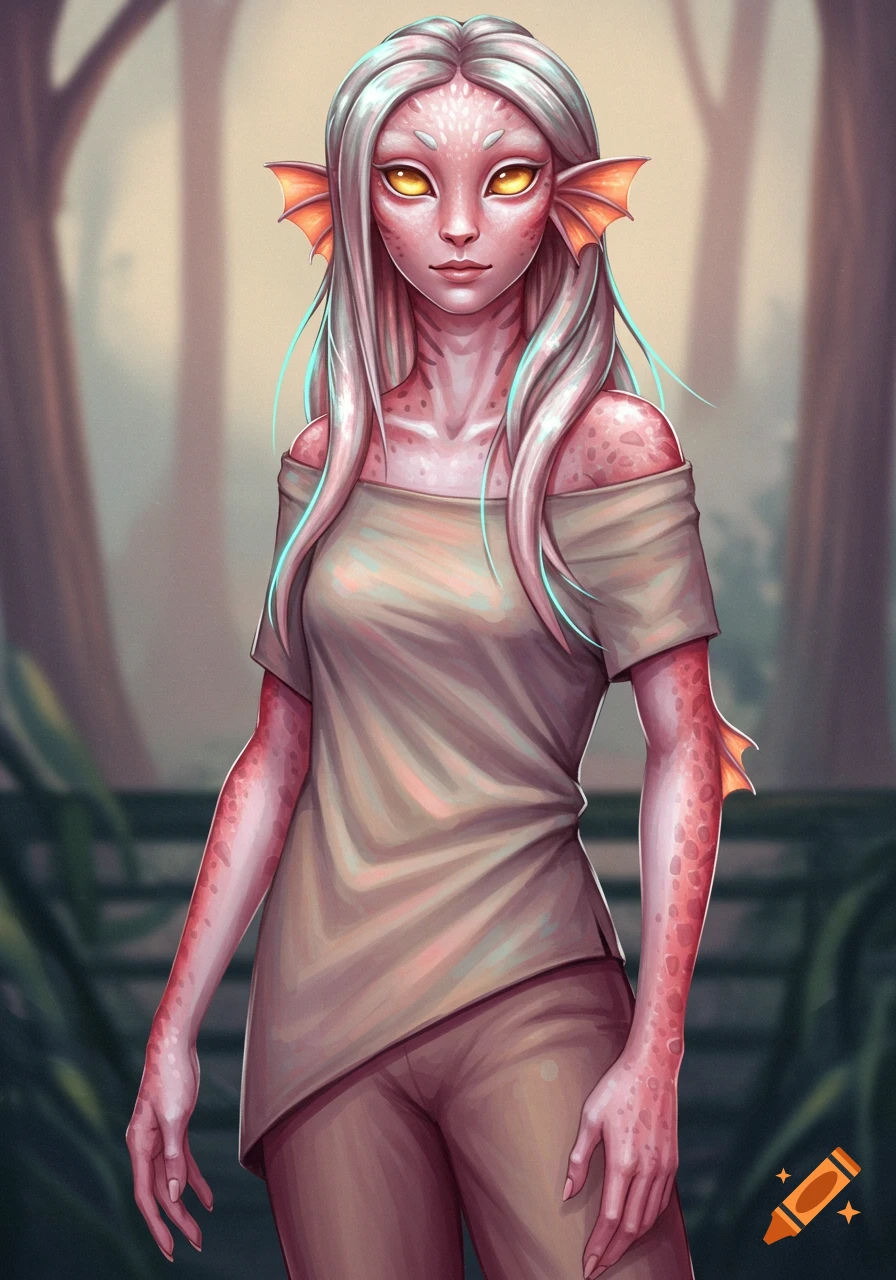 A full-body portrait of an alien woman with pink skin, yellow eyes, and white hair, wearing a beige tunic, standing in a soft, blurred otherworldly forest.