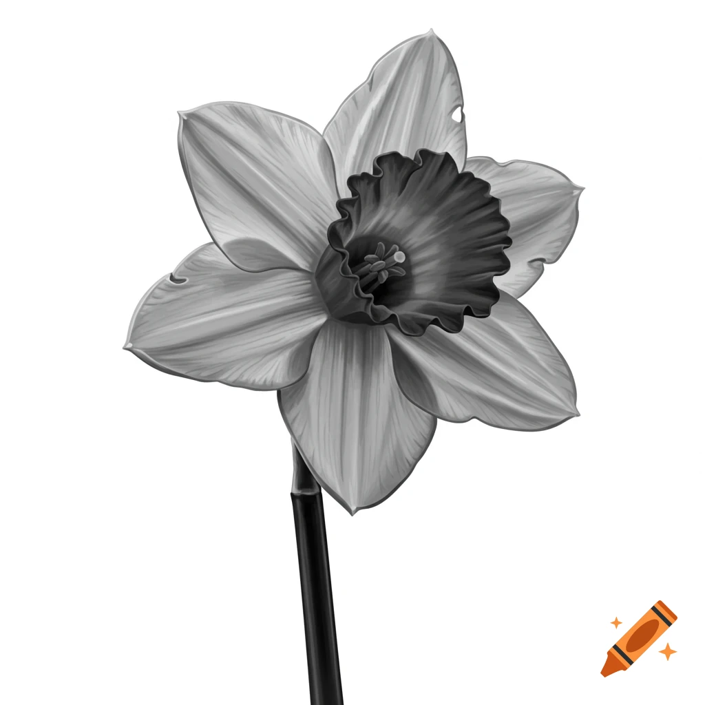 A black and white illustration of a daffodil flower.