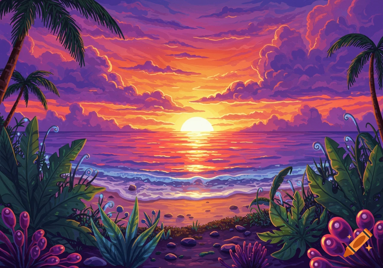 Vibrant, stylized tropical beach sunset with bright orange and purple sky, lush foreground plants, and palm trees.