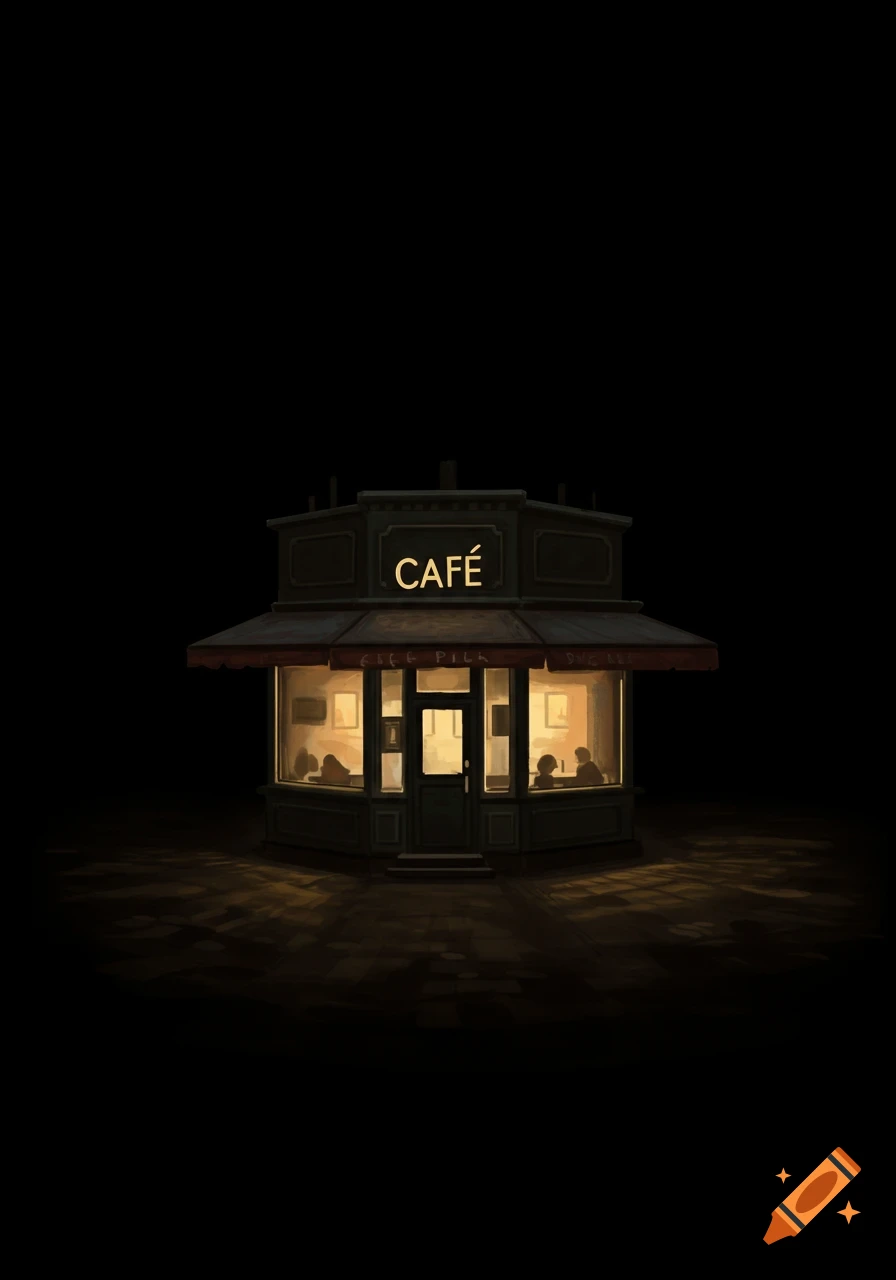 A warmly lit cafe building stands isolated against a dark, night background, with faint figures visible inside.