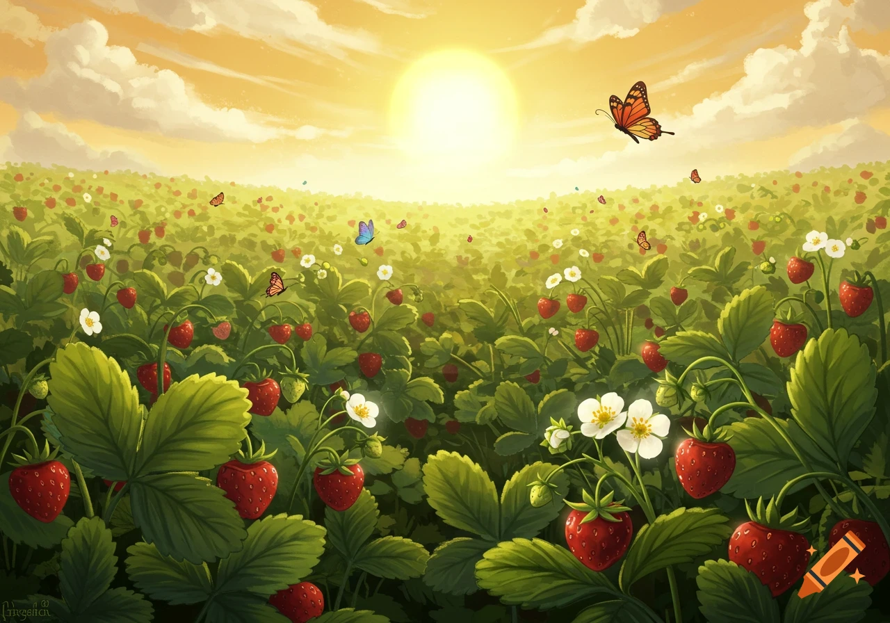 Vibrant illustration of a strawberry field bathed in sunlight, with butterflies fluttering over ripe strawberries.