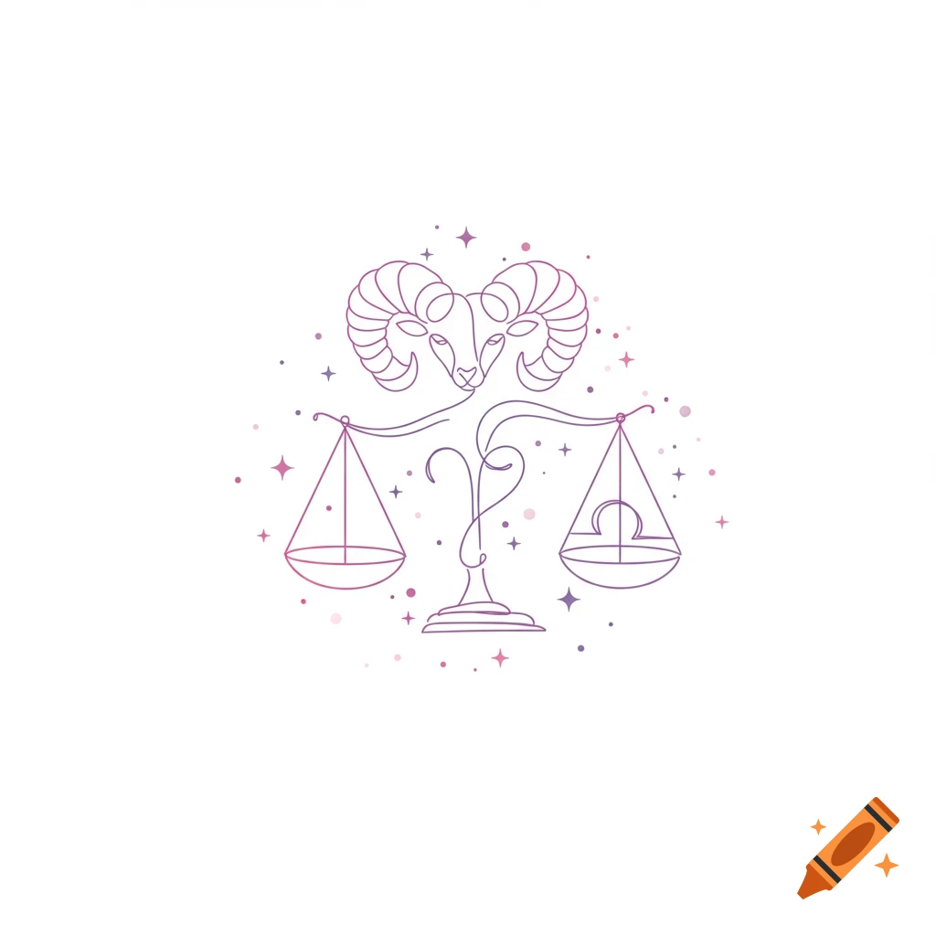A minimalist line art illustration combining an Aries ram head and Libra scales with a gradient fill and scattered stars.